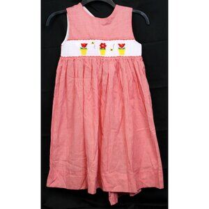 Smocked Frocks Red Plaid Dress sz 6 Tulip Flowers Pots Bumblebee Embroidered Tie